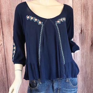 Double Zero Top Ruffle Hem Embroider Blue Large
